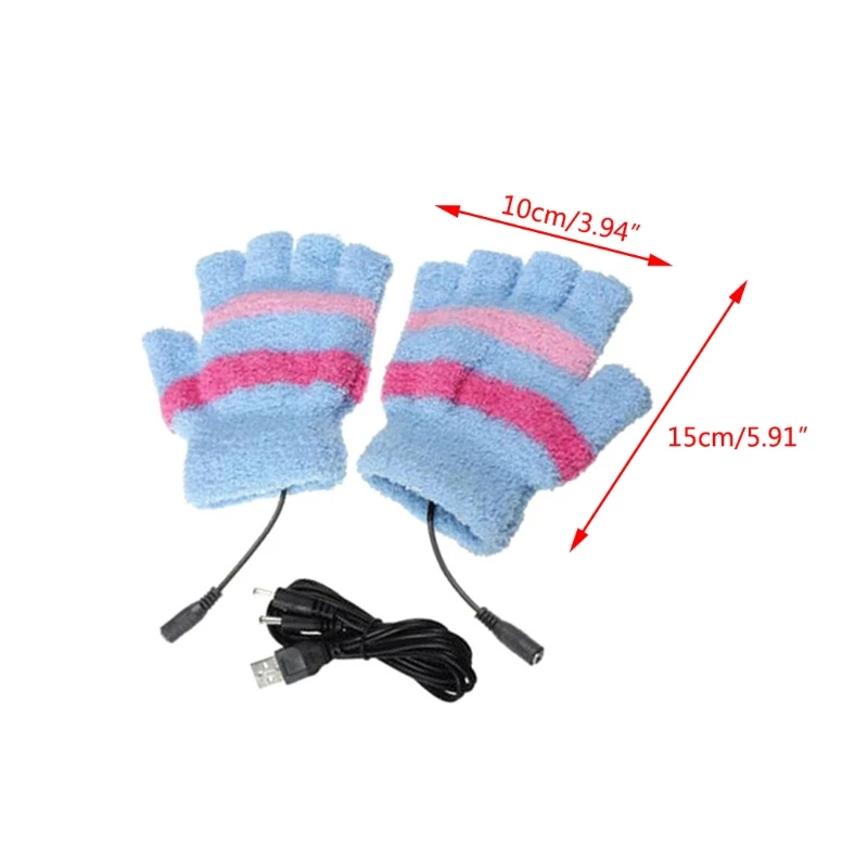 

Unisex Winter USB Heated Fingerless Gloves Fuzzy Plush Striped Electric Heating Half Finger Mittens Thermal Hand Warmer