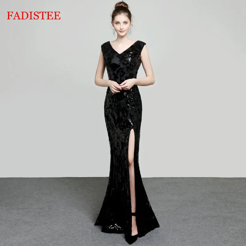Большие размеры черные длинные вечерние платья русалки с блестками для