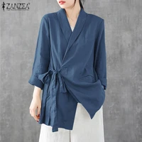 zanzea vintage fashion casual lace up tunic poncho shirt asymmetric thin tops women long sleeve blazer autumn stylish lace coats