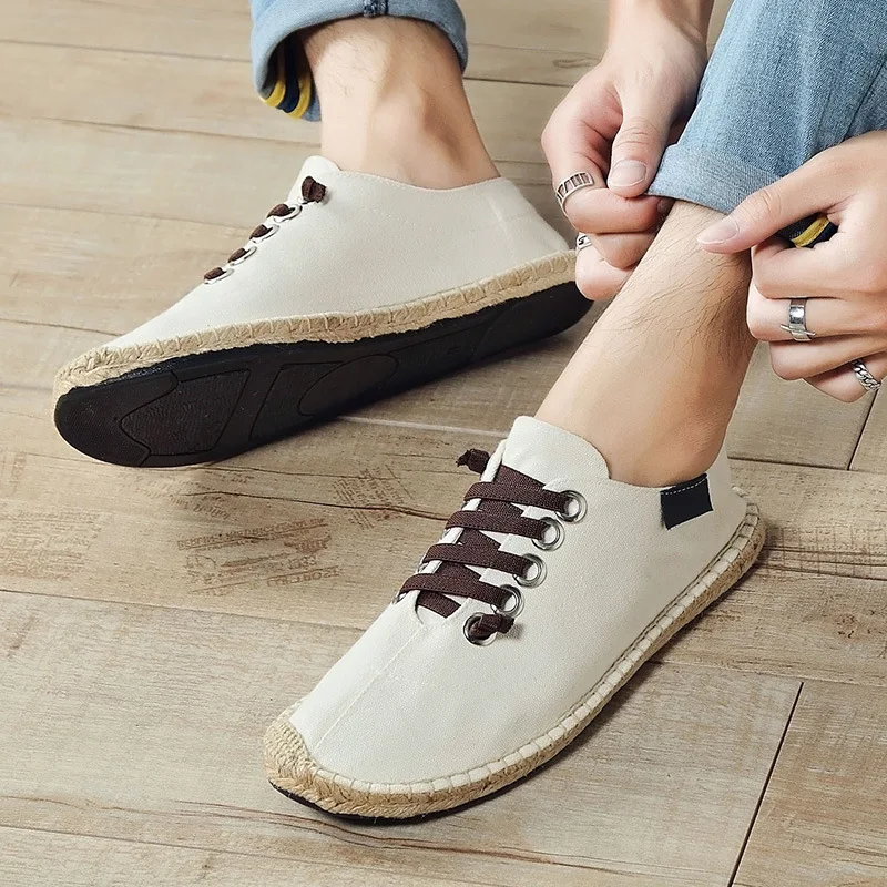 

2021 Canvas Shoes Men Flat Casual Footwear Breathable Hemp Lazy Shoes Cool Young Man Shoes Cloth Footwear Black Blue