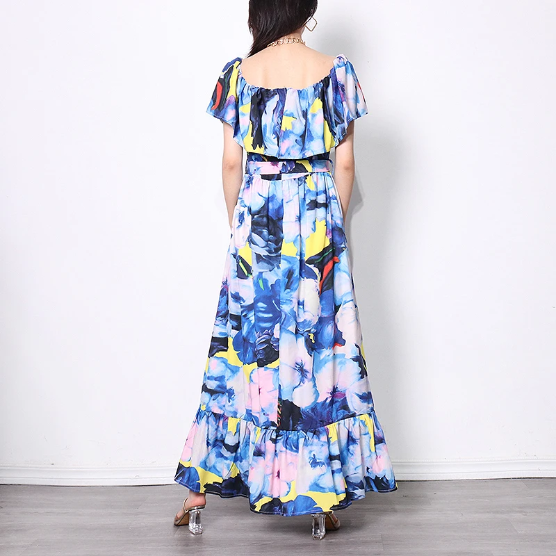 

TWOTWINSTYLE Print Dress For Women Slash Neck Short Sleeve High Waist A Line Ankle Length Hit Color Dresses Female 2021 Clothing