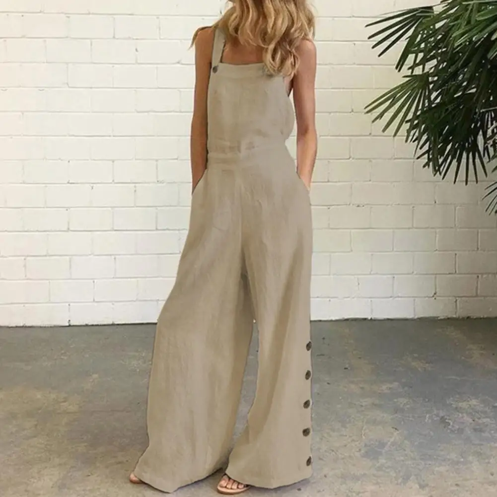 Women Jumpsuit Summer Sleeveless Solid Color Wide Leg Pockets Loose Strappy Playsuit Overall Wide Leg Pockets mono mujer verano