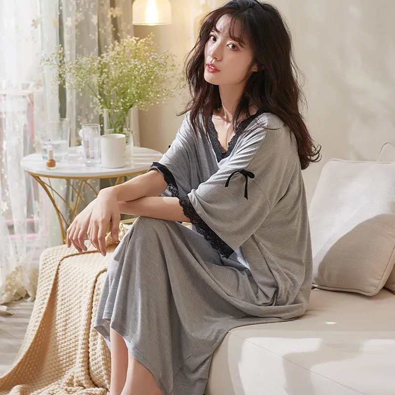 

Modal nightdress women's summer thin long skirt large size loose can wear home clothes casual Korean pajamas skirt spring