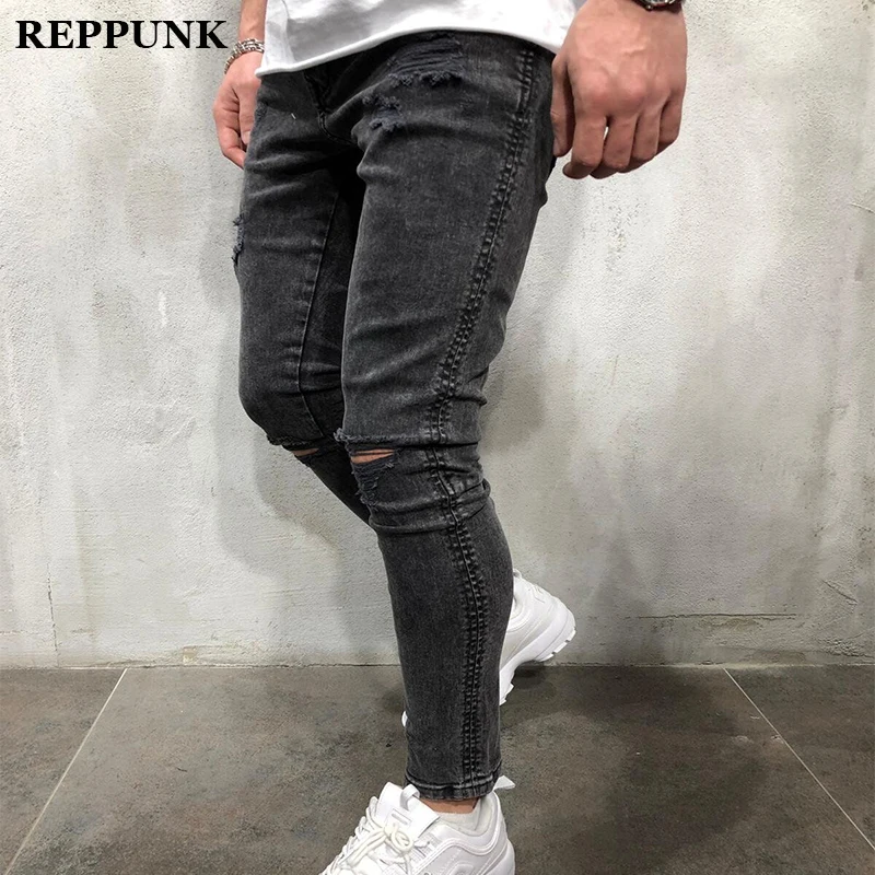 2020 Black Stretch Skinny Fit Bottom zipper Jeans Men Knee Ripped Distressed Hole biker jeans Pants Hip Hop Street Big Size XXXL | Мужская