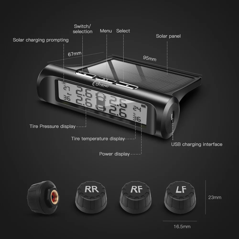 Умная Система контроля давления в шинах TPMS на солнечной энергии 5 пост. Тока USB ЖК