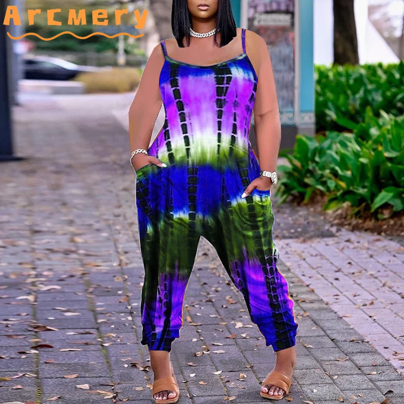 

Women Plus Size Spaghetti Strap Tie Dye Printed Wide Leg Jumpsuits