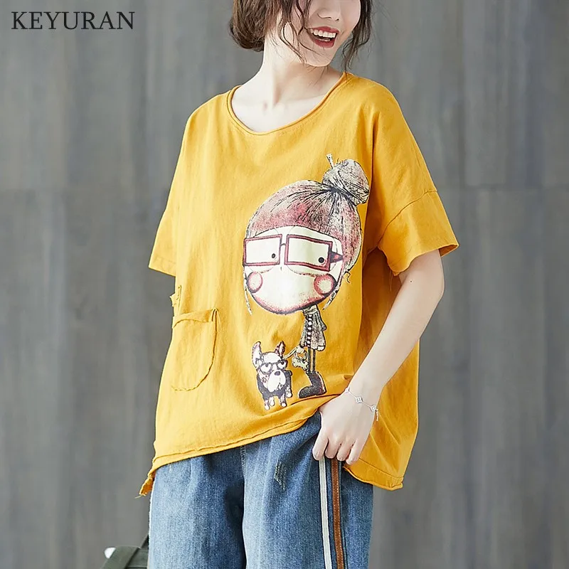 

Women Fashion Summer Vintage Patchwork Cartoon Dog Little Girl Print Short Sleeve T-Shirt Female Casual Tee Oversize Tshirts