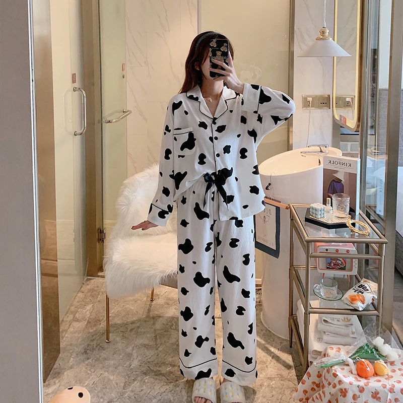 

Crow Print Pajamas 100%Cotton Women Pajama Set Turn-down Collar Pyjamas Full Length Long Sleeve Sleepwear Femme Thin Homewear
