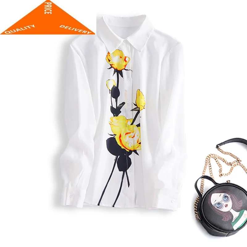 

100% Real Vintage Silk Women's Blouse 2020 Korean Elegant Ladies Floral Women Shirt Boho Long Sleeve Blusas & Tops 6649