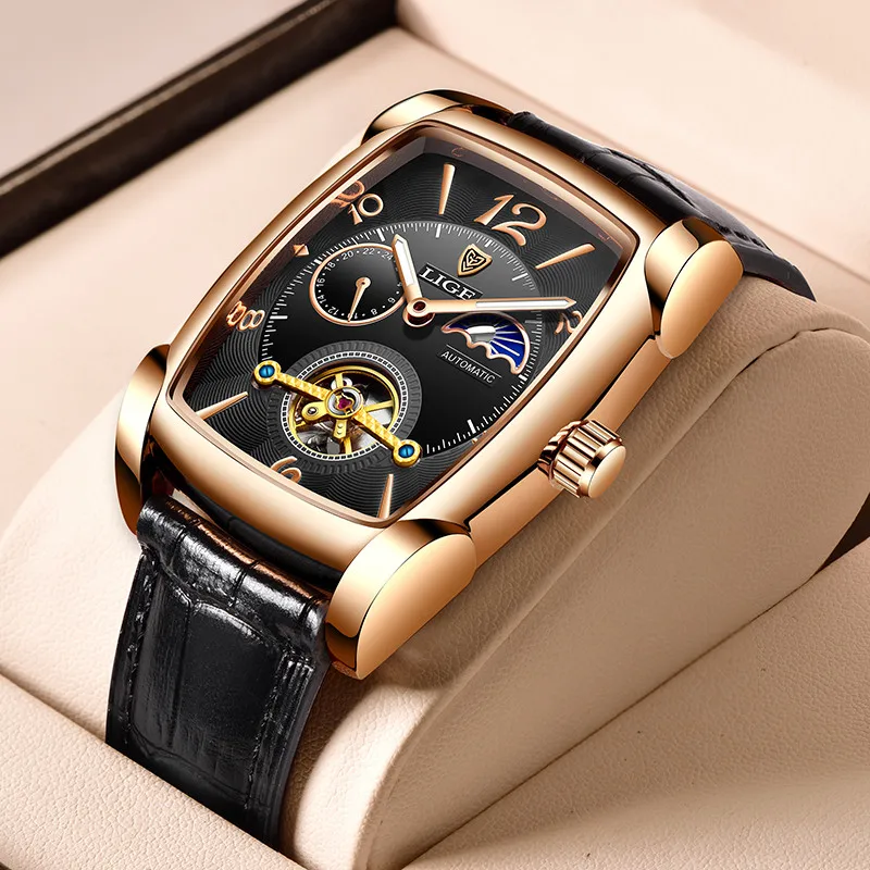 

LIGE Men Mechanical Watches Tourbillon Automatic Watch for Male Business Sport Wristwatch Luminous Waterproof Leather Belt Clock