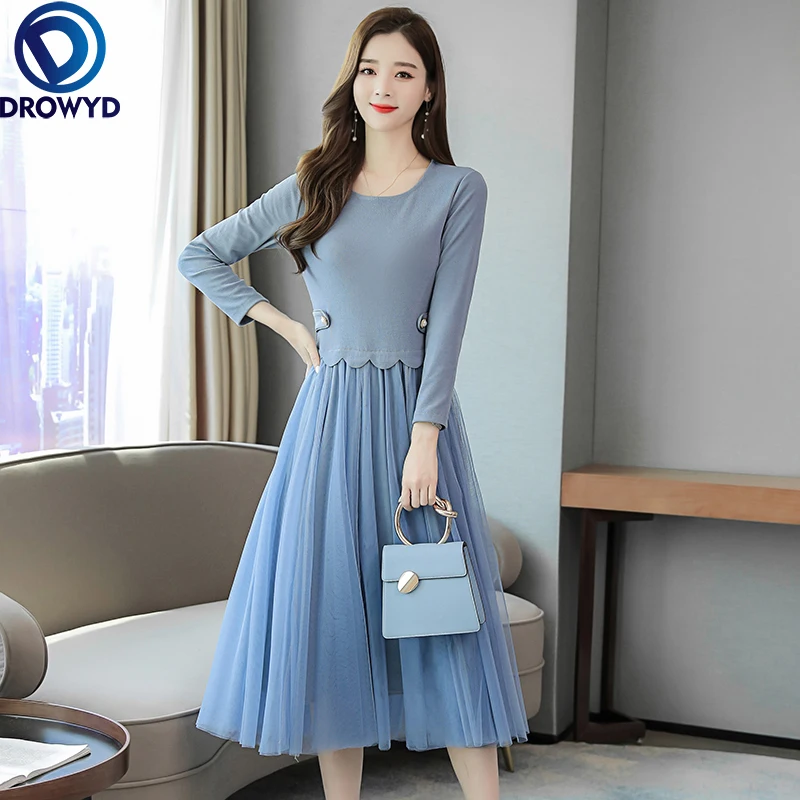 

Winter Dress Women Blue Chiffon 2021 Autumn Fashion Temperament Slim Long Sleeve O-neck Dresses Elegant Bodycon Party Vestidos