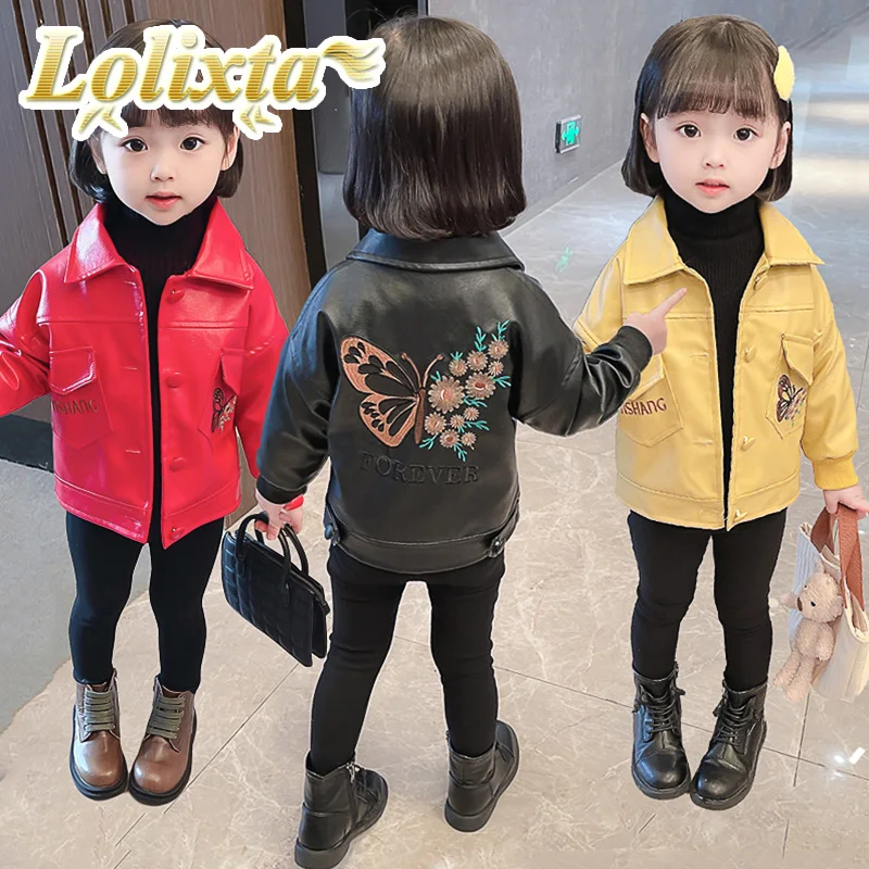 

kids 1-8 year fashion pu leather autumn winter short plush warm fur jackets for little girls casual Streetwear children clothes