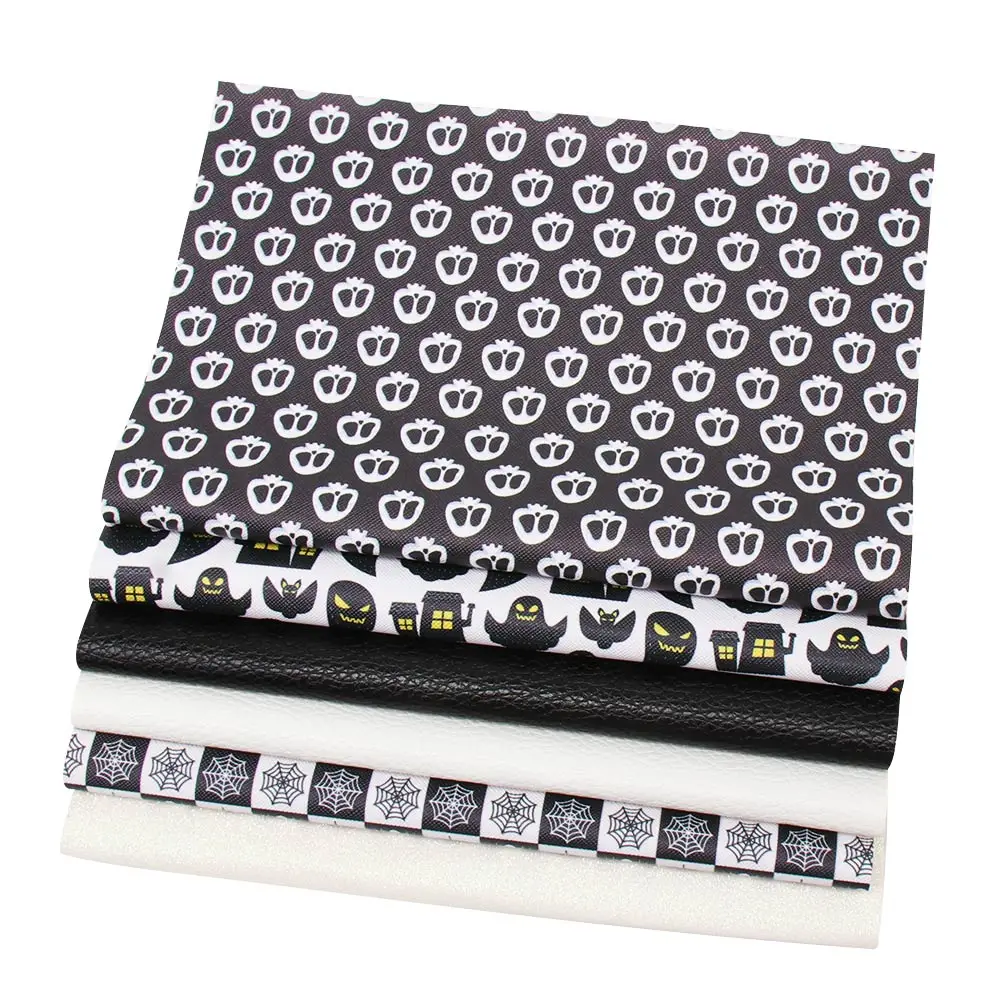 

IBOWS New 22*30cm 6Pieces/set Halloween Black Printe Skull Synthetic Leather Patchwork Bags Shoes Phone Case DIY Leather craft