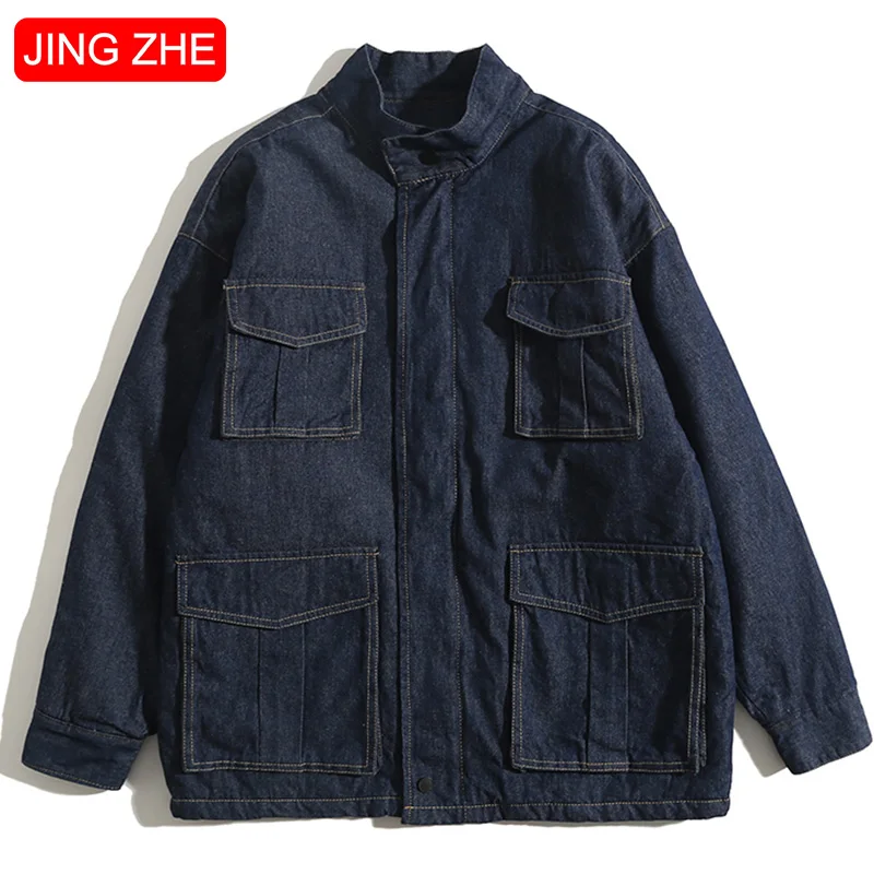 JING ZHE Mens Denim Jackets Jeans Coats Autumn Winter Warm Casual Jacket Hip Hop Outwear Windbreaker Cowboy Coats Men Clothing