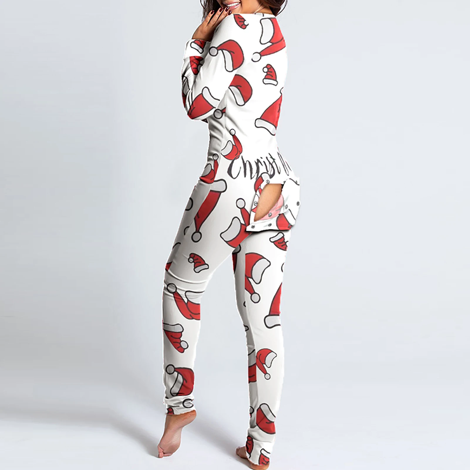 2021 Women Christmas Onesies With Butt Flap For Adults Sexy Sleepwear Romper Open Pajamas Jumpsuit Xmas Pyjama Long Nightie |