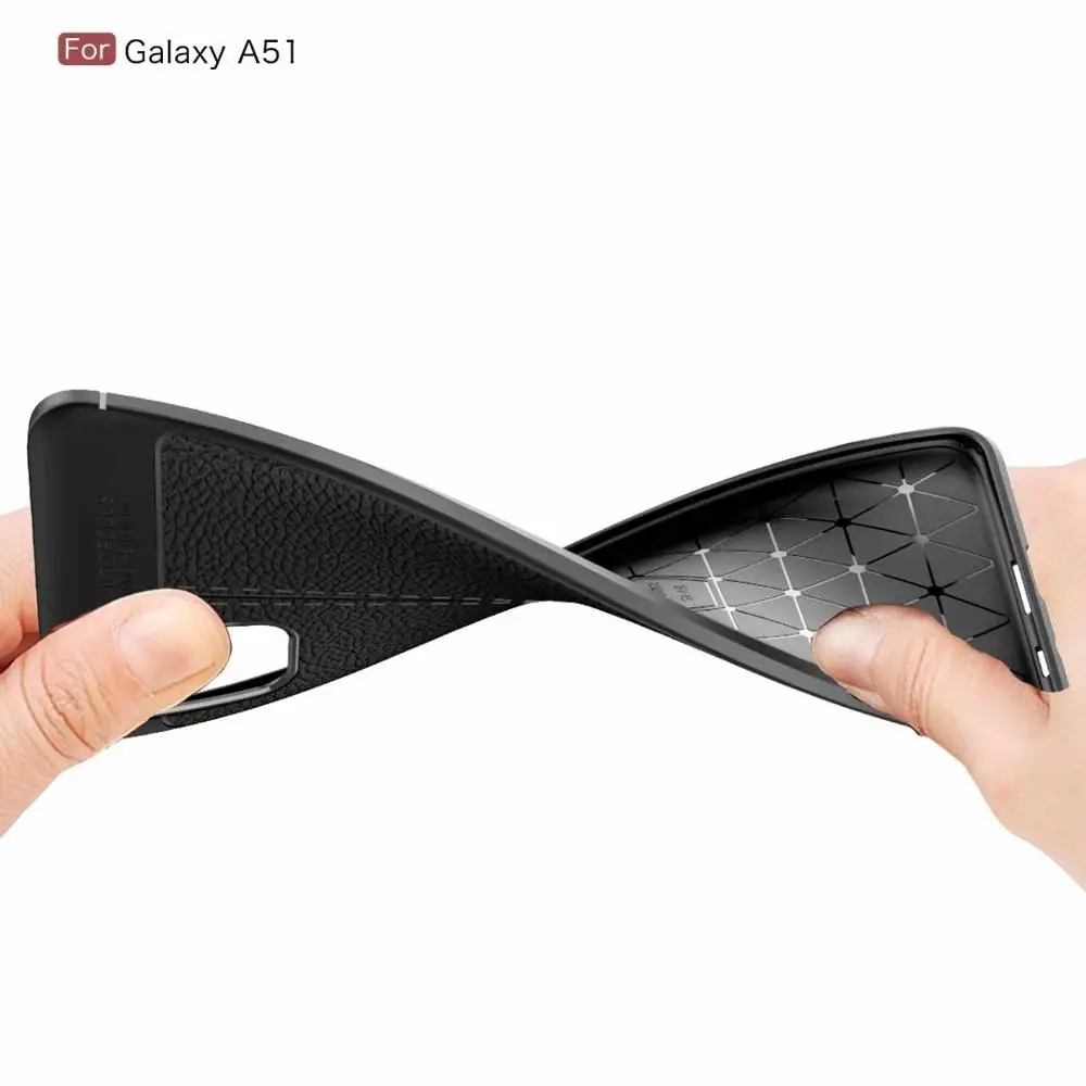 Slim Fit Shockproof Flexible Soft Rubber TPU Gel Lichi Pattern Protective Case Cove+glass film for Samsung Galaxy A51 | Мобильные