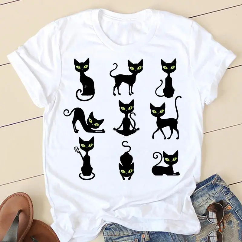 

Футболка женская с коротким рукавом, Повседневная модная Милая рубашка с рисунком кошки, с графическим принтом