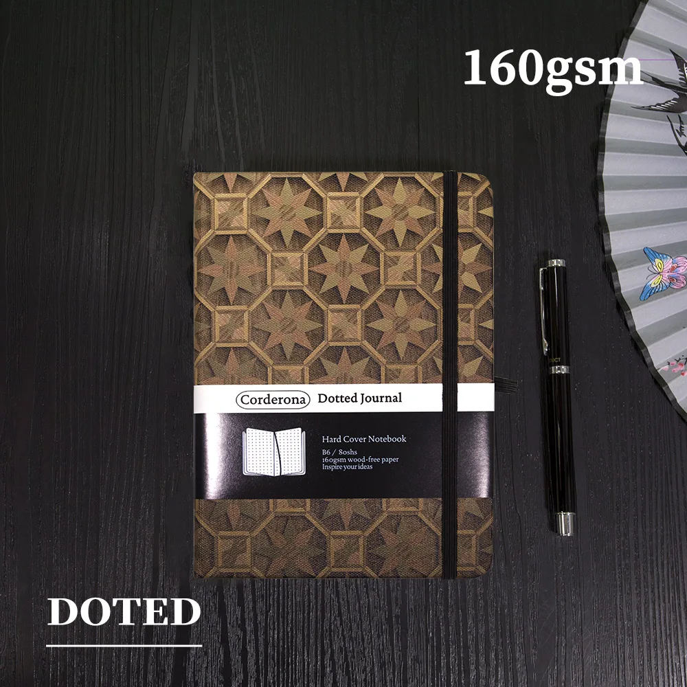 Geometric Exotic Wood Bullet Dotted Journal B6 160gsm Elastic Band Back Pocket Hard Cover Notebook