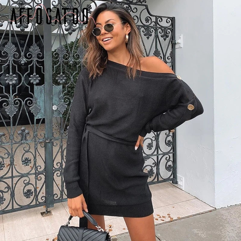 Женское вязаное платье на одно плечо afogaboo элегантное осеннее с поясом пуговицах