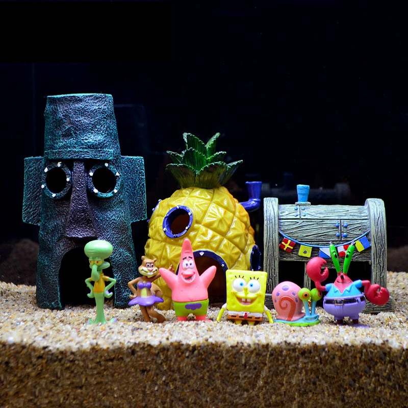 

Cute Aquarium Pineapple House Decoration Fish Tank House Shelter Ornament Cartoon Figure Krusty Krab Squidward Aquatic Decor