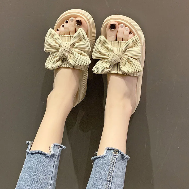 

House Slippers Platform Flat Shoes Female Slipers Women Slides Butterfly-Knot Fashion Med 2021 Soft Beach Luxury Rubber PU Fabri