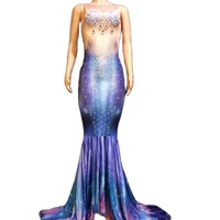 sparkly rhinestone pearl women long tailing dresses 3d print mermaid birthday costume evening singer stage party show wear