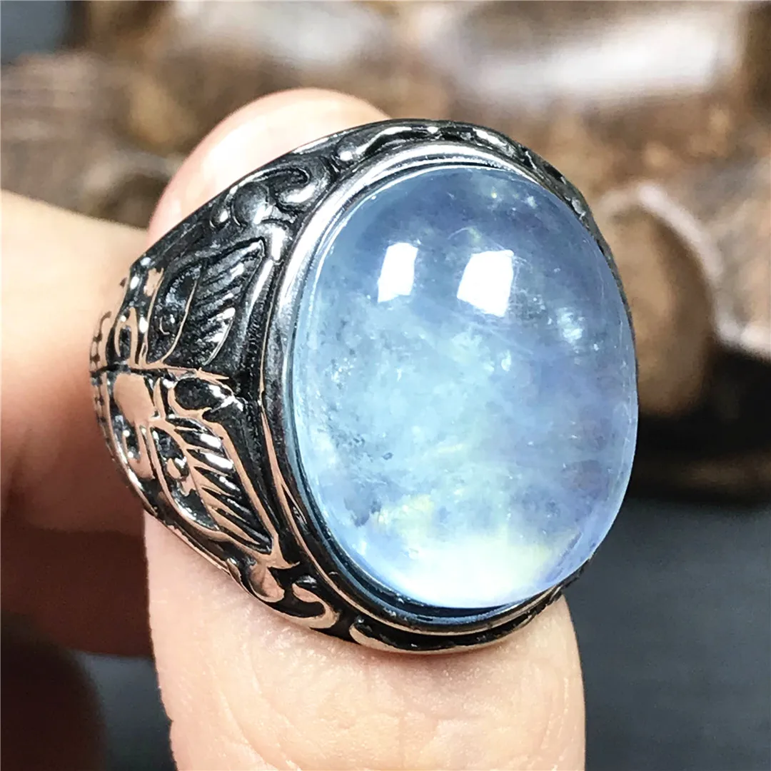 Natural Ocean Blue Aquamarine Ring Jewelry For Man Gift Healing Silver Crystal 18x14mm Oval Beads Stone Adjustable AAAAA | Украшения и