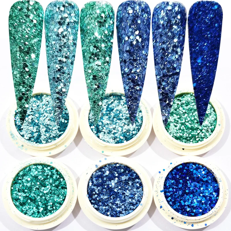 

6 Pots 3D Blue-Green Colors Nail Glitter Sequins Powder Nail Flakes Hexagon Chunky DIY Nail Pigment Sequins Chunky Glitters kd28