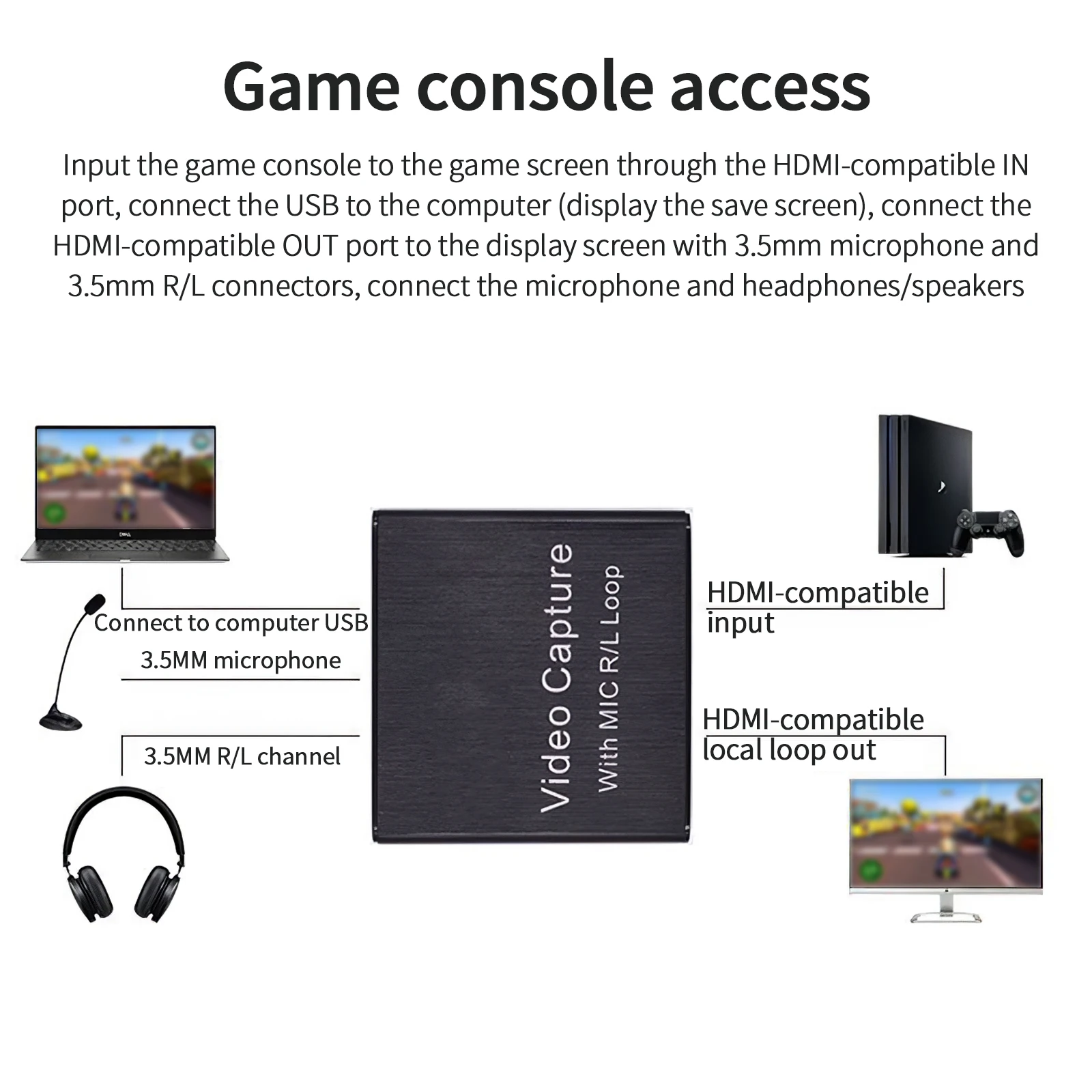 

USB2.0 Capture Card With Loop Out Support 4K 1080P/30Hz HDMI-Compatible Game Capture Device For Live Steaming Teaching Meeting