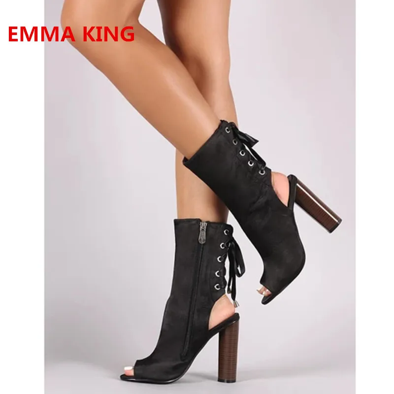 

Satin Back Lace-Up Chunky Heeled Roman Sandals Boots Peep Toe Fashion Slingback Shoes Solid Cross-Tied Side Zip High Heels Boots
