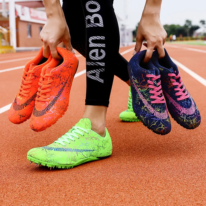 

Unisex Track & Field Schoenen Pu Spikes Sneakers Voor Running Non Slip Atletiek Spikes Voor Running Goud Zilver Nagels Schoenen