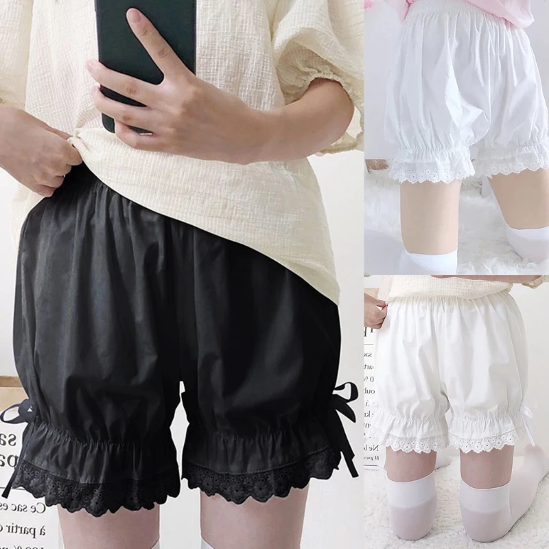 

Women Girls Vintage Lolita Bloomers Loose Pumpkin Pants Ruffled Lace Hem Sweet Bow Gothic Elastic Waist Security Shorts