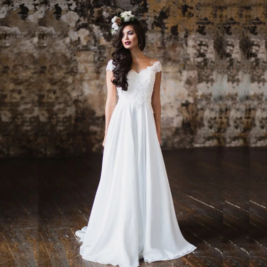 Свадебное платье с v образным вырезом и открытыми плечами шифоновое пляжное
