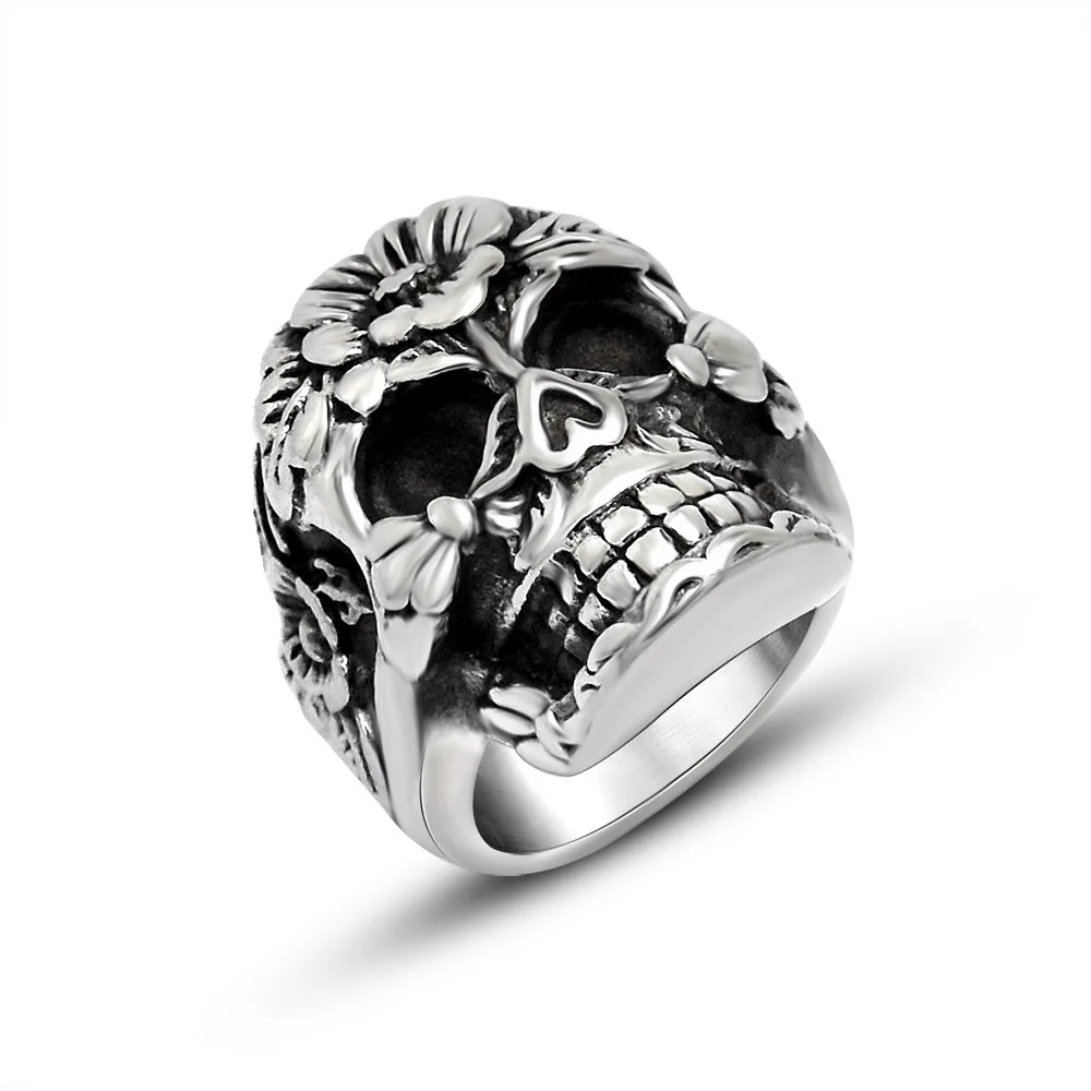 

Megin D Punk Vintage Personality Flower Grass Skull Titanium Steel Rings for Men Women Couple Friend Fashion Design Gift Jewelry