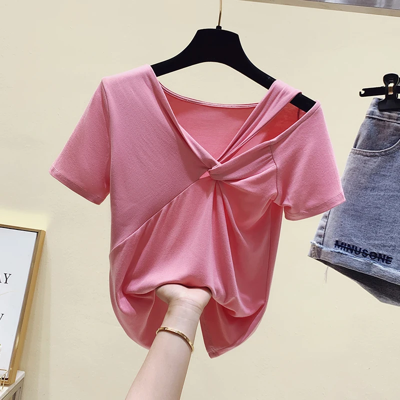 

Женская футболка с коротким рукавом, V-образным вырезом и открытыми плечами