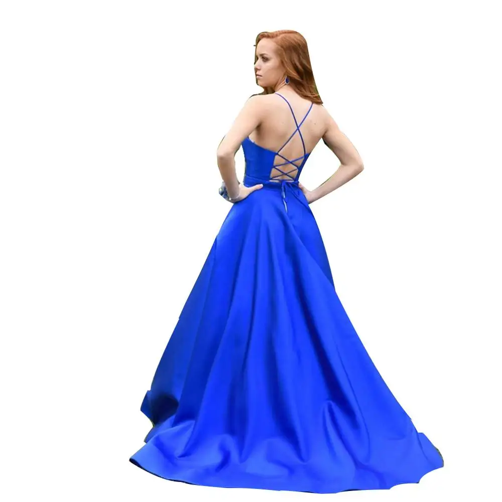 

Spaghetti Straps V-Neck Satin A-Line Prom Dresses Long Women's Backless Ball Gowns with Pockets Bridal Formal Dress