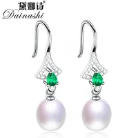 dainashi 925 sterling silver green zircon hook earrings 100 genuine natural freshwater pearl drop earrings fine jewelry