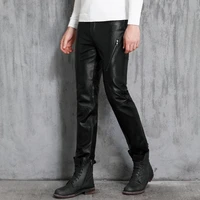 men genuine leather pants mid rised pants spring autumn winter warm pockets casual straight pants zipper mens full length pants