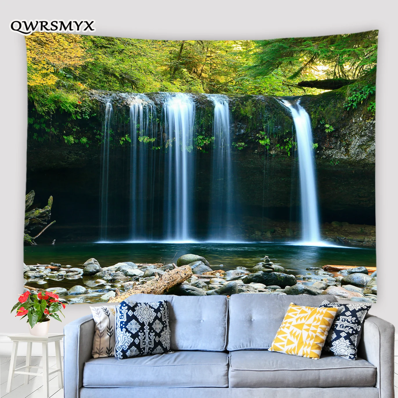 

Green Forest Waterfall Landscape Tapestry Natural Scenery Wall Hanging Living Room Bedroom Decor Wall Aesthetics Art Tapestries