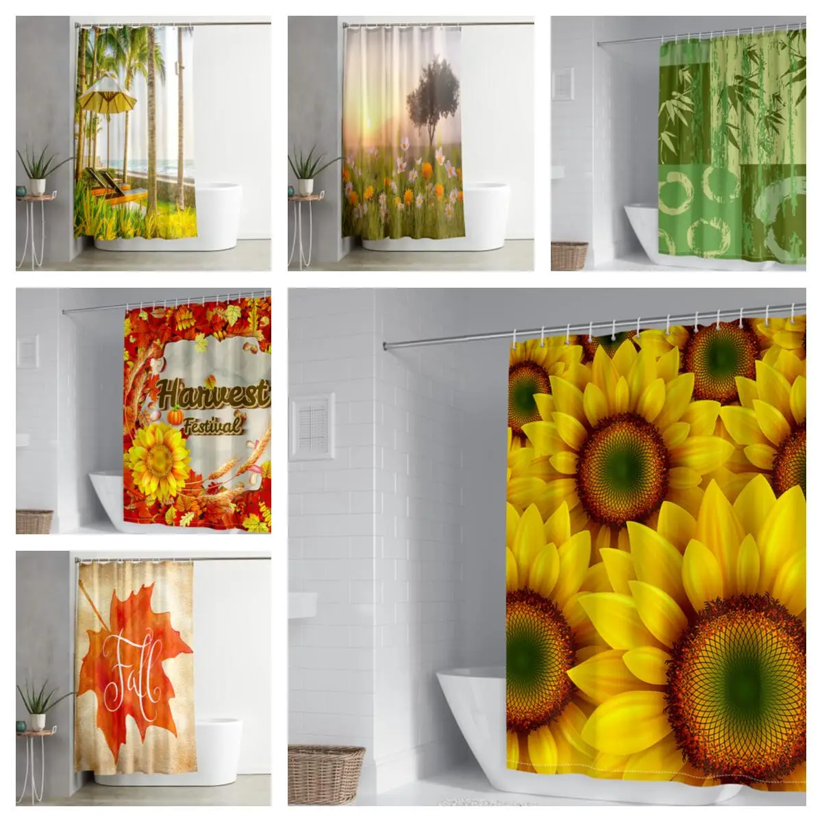 

Natural Plant Landscape Pattern Printing Shower Curtain Waterproof Fabric Washable Bedroom Shower Curtain with Hook Accessories