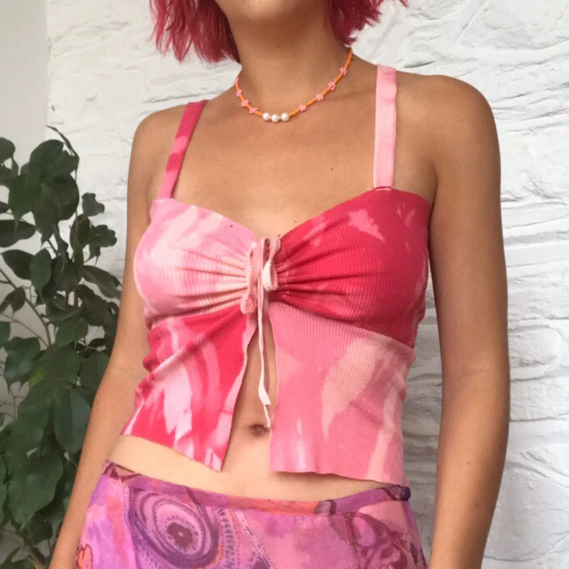 

Tie Dye Printed Patched Bandage Sexy Cami Y2K Crop Top With Thin Strap 2021Summer Chic Party Tee Tops Women Shirt Streetwear
