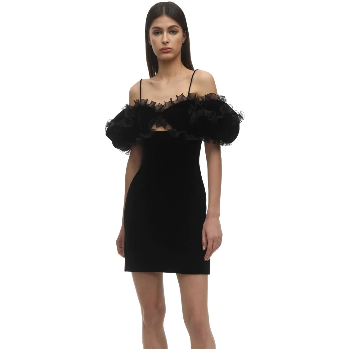 

2021 Summer Black Velvet Mesh Ruffles Sexy Hollow Out Women Puff Sleeve Mini Bodycon Dress Vintage Fashion Cocktail Party Dress