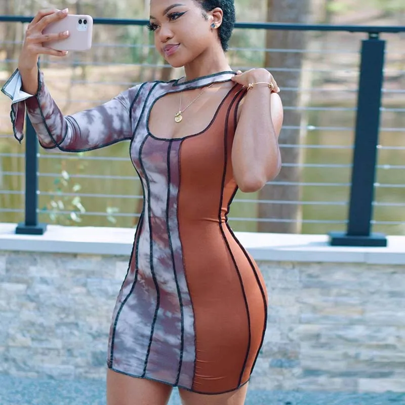 

Mini Dress One Long Sleeve Bodycon Dress Women Patchwork Hollow Out Fashion Design Vintage Wrap Dresses For Women Vestidos Robe