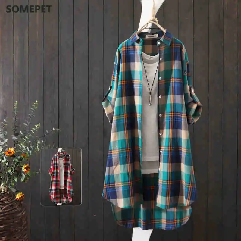 

100% Cotton Plaid Shirt Long Sleeve Women Autumn Summer New Fashion Button Up Casua Loose Blouse Plus Size