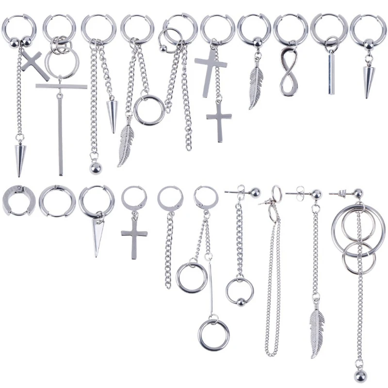 

20Pcs Korean Huggie Hoop Earring Stainless Steel Dangle Hinged Feather Drop Earrings Long Chain Pendant Earrings Jewelry E56A