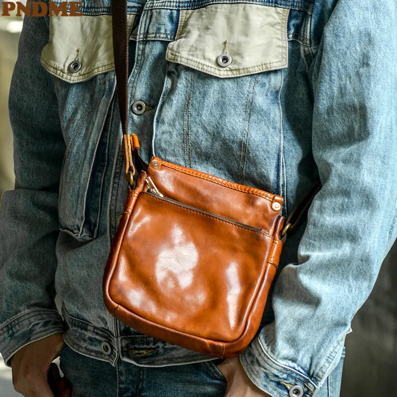 PNDME fashion vintage luxury natural genuine leather men small shoulder bag simple high-quality real cowhide phone messenger bag