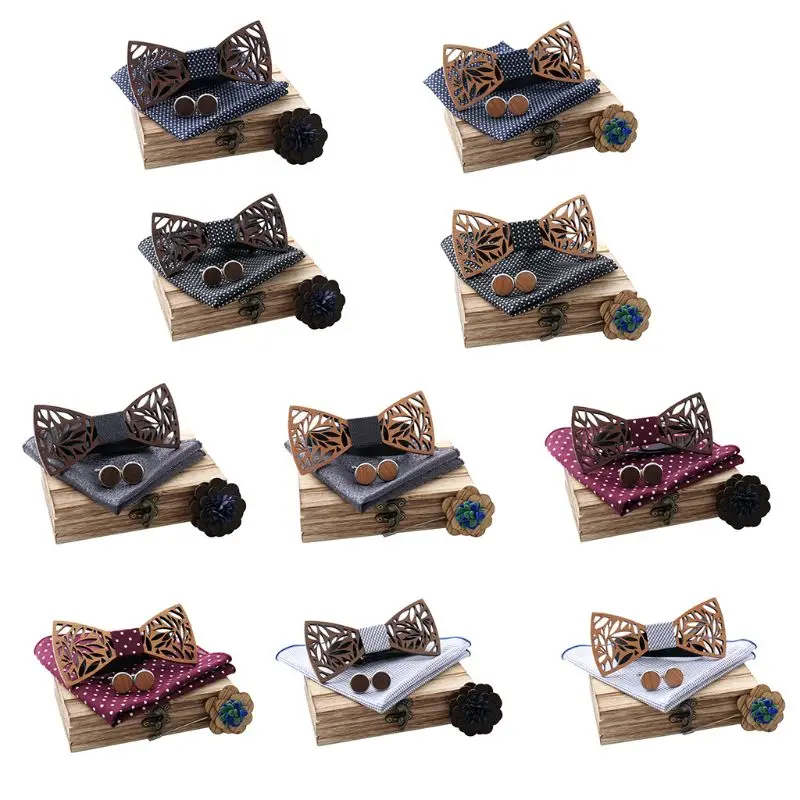 

Novelty Wooden Bow Tie Handkerchief Set Corsage Men Bowtie Black Walnut Cherry Wood Hollow Carved Tie Gift Box H05D