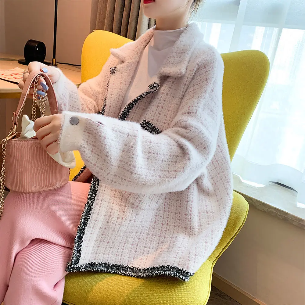 

Mink velvet jacket women winter knitted lady cardigan female sweater Korean style loose student lace woolen coat women