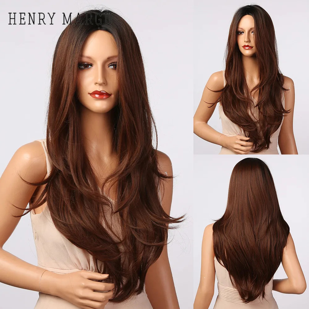 

HENRY MARGU Long Black Brown Red Ombre Wigs Wavy Middle Part Cosplay Synthetic Wigs Heat Resistant for Women African American