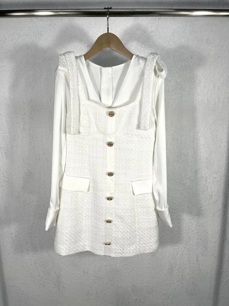 

Spring New 2021 Women High Quality Bow Fake Two Piece Long Sleeve Tweed Dress For Ladies Ddxgz2 1.29